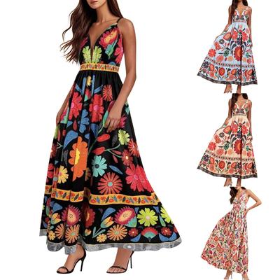 Damen Casual Mode Vintage Blumenmuster Trägerkleid Elegant Urlaubskleid