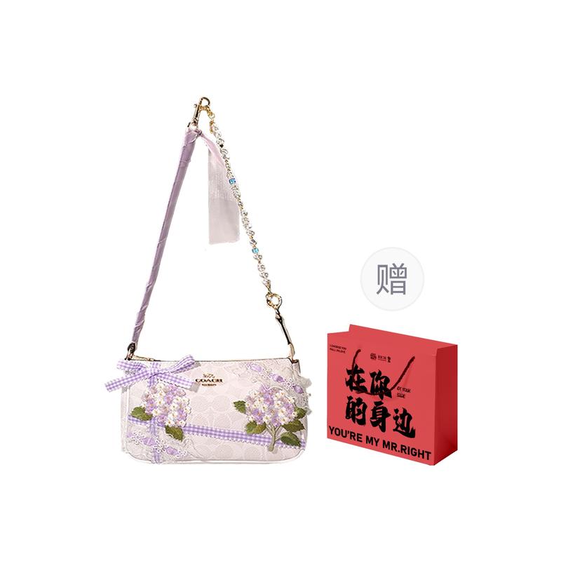 COACH shoulder bag [Customized bag] Nolita 19 Metal brand logo zipper Embroidered patch pendant crossbody New Chinese style sweet Purple mist flower