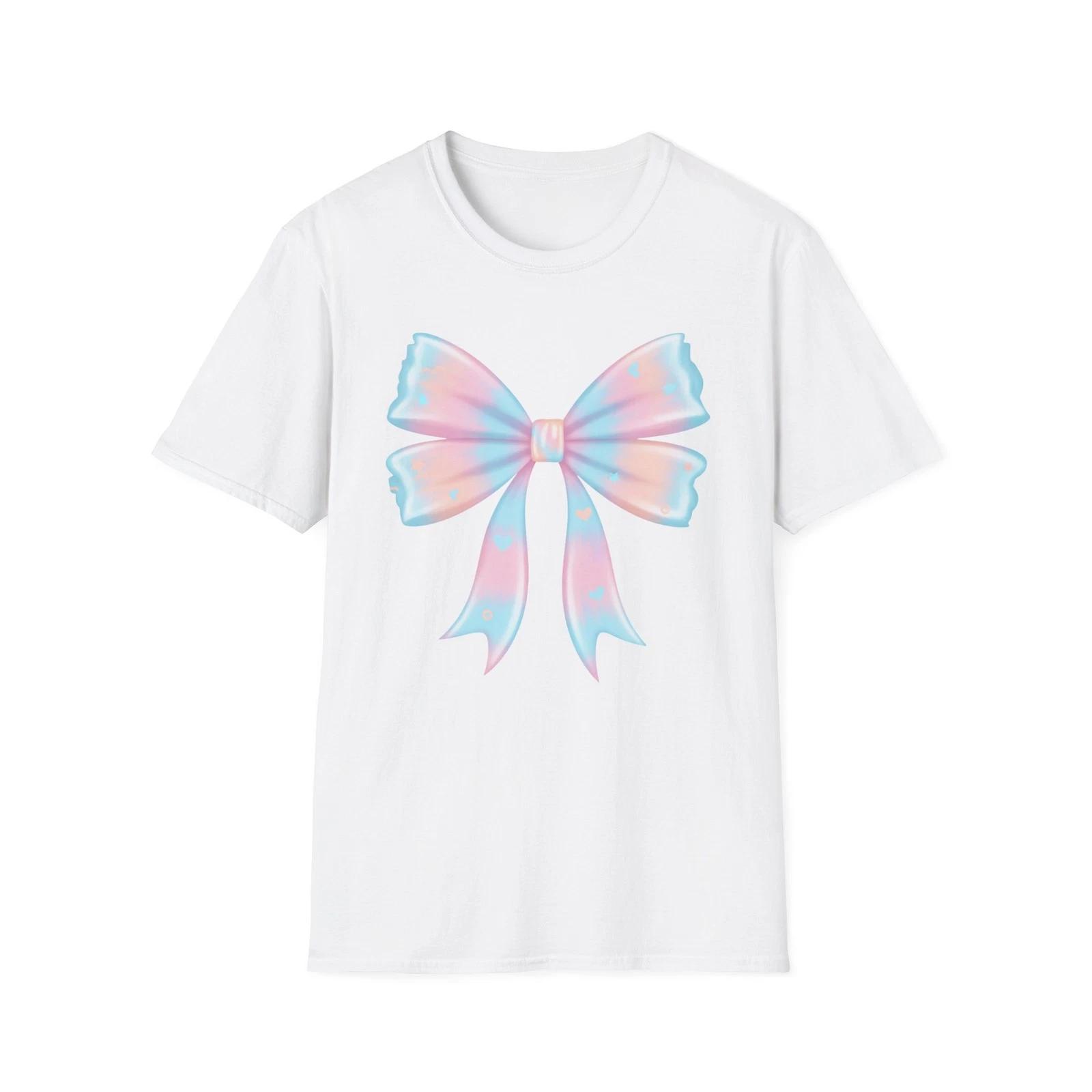 Pastel Ribbon Bow T-Shirt | Pink Blue Gradient Bow Illustration M