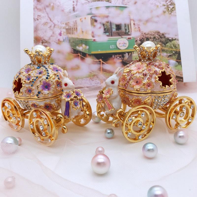 European Style Jewelry Storage Box,Pumpkin Cart White Rabbit Holder Alloy Inlaid Gem Ring Storage Jar Dresser Earrings Organizer