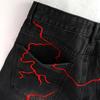 Men's Lightning Embroidery Denim Shorts, Dark Hip Hop Street Loose Knee Length Shorts With Graffiti Letter