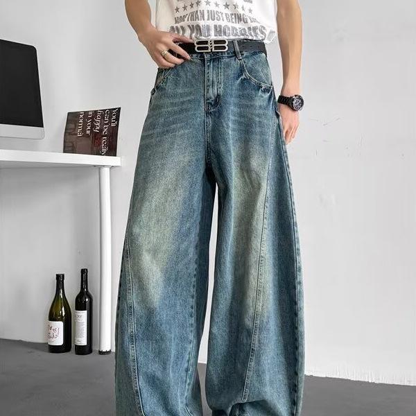 

Men s Spring Loose-Fit Wide-Leg Pants Retro-Washed Denim Flared-Leg Design Patchwork Workwear Pants XXXL синій
