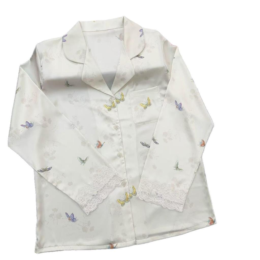 Little Butterfly Women's Spring Color Silk Pajama Set - Long Sleeve, Long Pants, Lace Trim, Button-Up- Can Be Worn Outdoors.