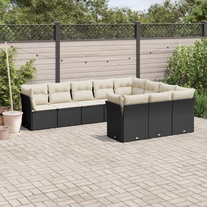 VidaXL Salon de Jardin avec Coussins 10 pcs, Canapés de Terrasse, Ensemble de Meubles de Patio, Mobilier d'Extérieur, Noir 3218216