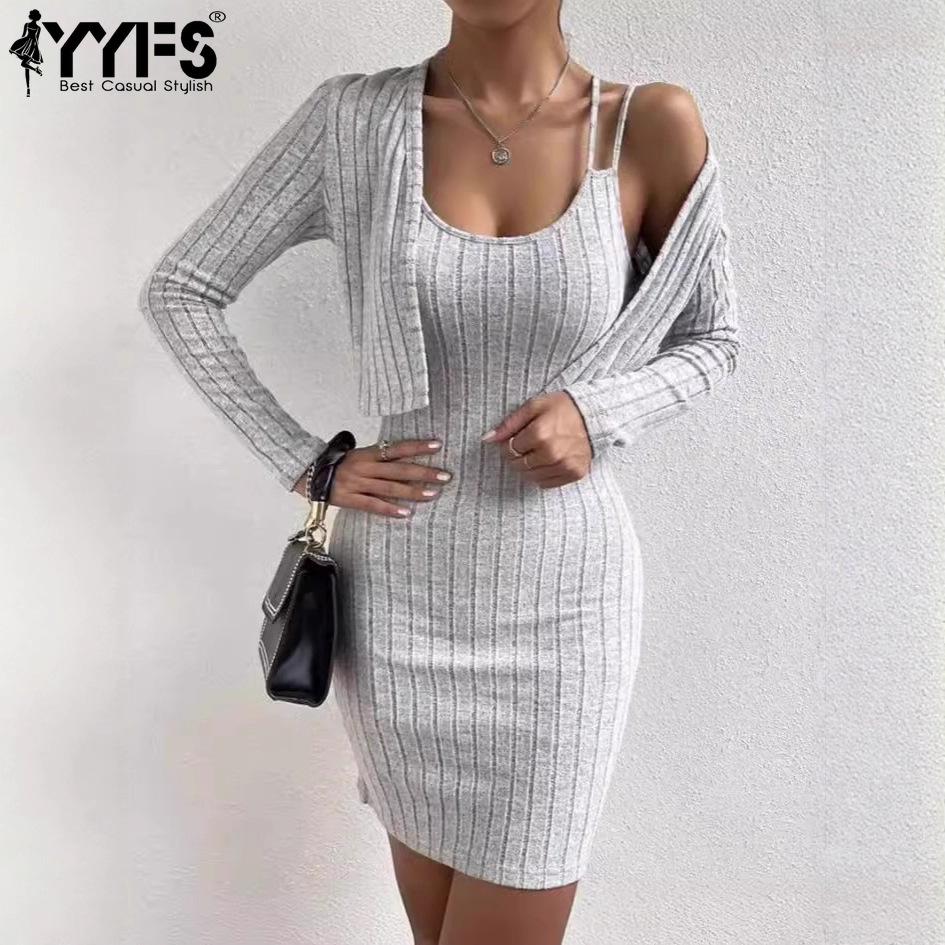 YYFS Women's Fashion Spring Fall Solid Color Print Long Sleeve O-Neck High Waist Casual Dresses