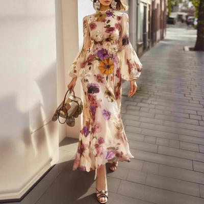Floral Print Long Sleeve Dress with Flare Sleeve