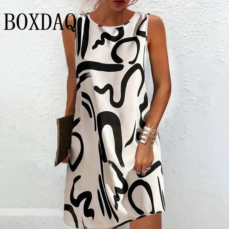 Abito Corto Elegante da Donna a Maniche Corte con Stampa a Contrasto Gradiente Moda Casual Quotidiana da Donna a Strisce Senza Maniche Estivo