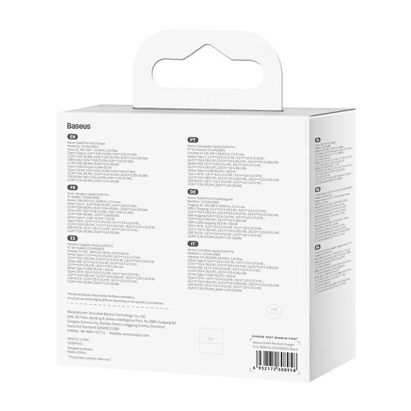 Ładowarka Sieciowa Baseus Gan5 Pro, Usb-C + Usb, 100W + Kabel (Czarna)