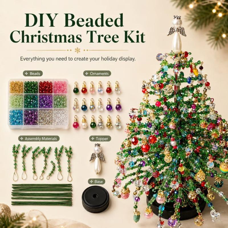 DIY Beaded Christmas Tree Making Kit Fun Crystal Bead Craft Set for Beginner Crafter Xmas Home Decor Holiday Gift