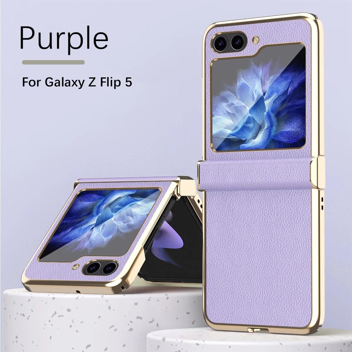 

Чехол для телефона из кожи личи для Samsung Galaxy Z Flip5 Flip4 Flip3, роскошный противоударный защитный чехол для задней панели For Galaxy Z Flip5 фиолетовый
