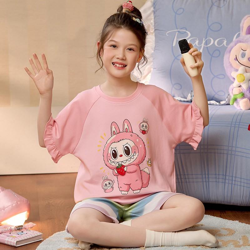 Cotton Short Sleeve Pajama Set Girls Cartoon Print Loose Sleepwear Home Outfit 2025