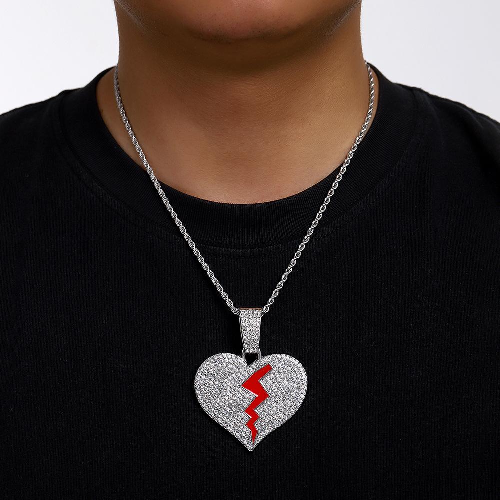Street Hip Hop Personality Broken Crack Love Pendant Lanyard Hiphop15Mm Clasp Cuban Chain Men