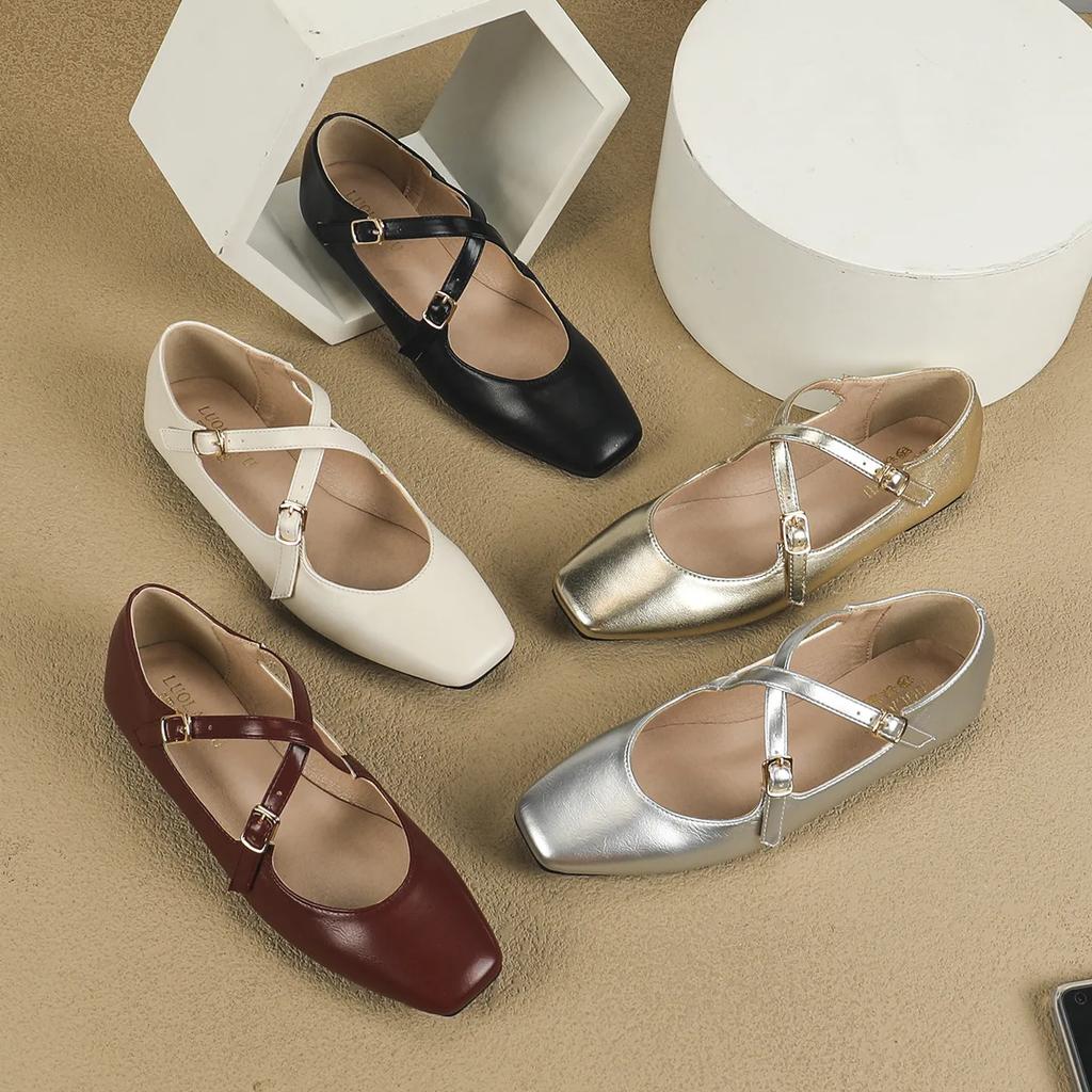 Fashion Low Heeled Mary Jane Single Shoes 2025 Women Shoes Retro Shallow Ballet Shoes Cross Buckle Shallow Soft Sole Flats Plus Size 44