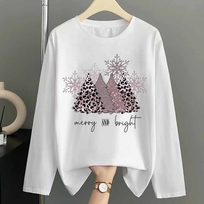 (Asian Size) Letter Lovely Women Autumn Winter Print T Shirt Christmas Holiday Graphic Tee Casual Fashion Top Clothing Long Sleeve T-shirts