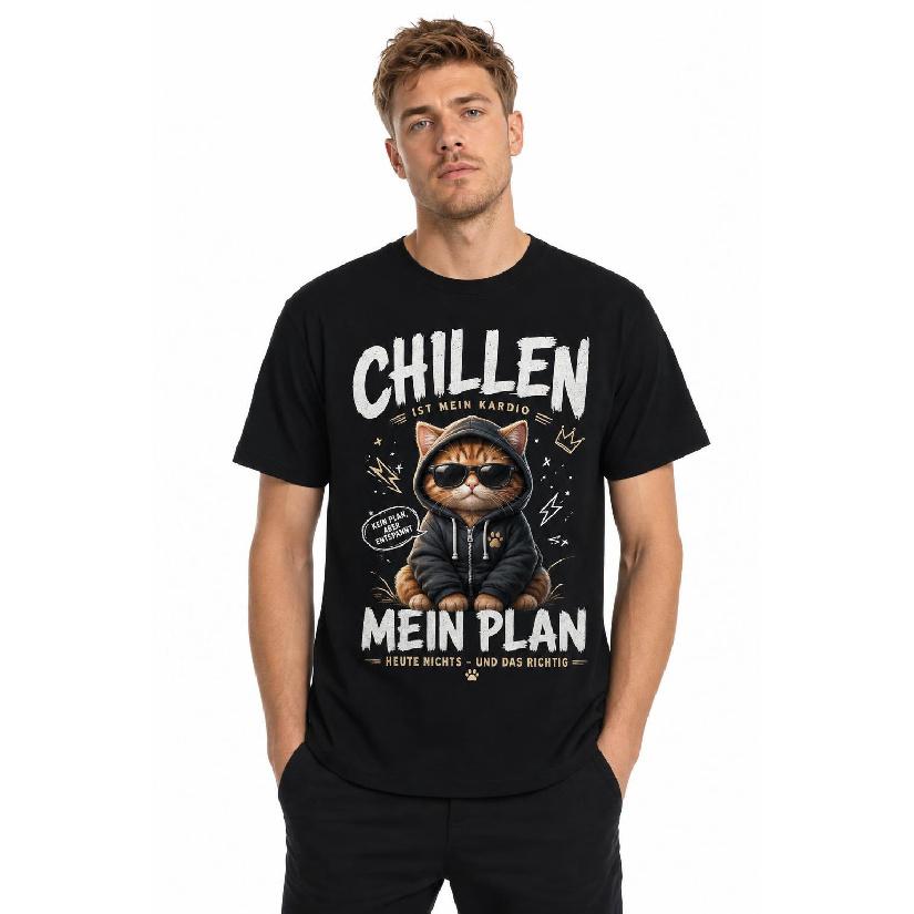 Men s Black Short Sleeve Crew Neck T-Shirt with Cool Cat Graphic Print, Soft Cotton Feel, Relaxed Fit for Casual Daily Wear S чёрный