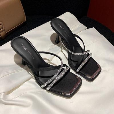Women's High-heeled Sandals Luxury Crystal Thin-heel Cool Slippers Square Toe Open-Toe Pumps Banquet Skirts Pumps Sandalia Mujer