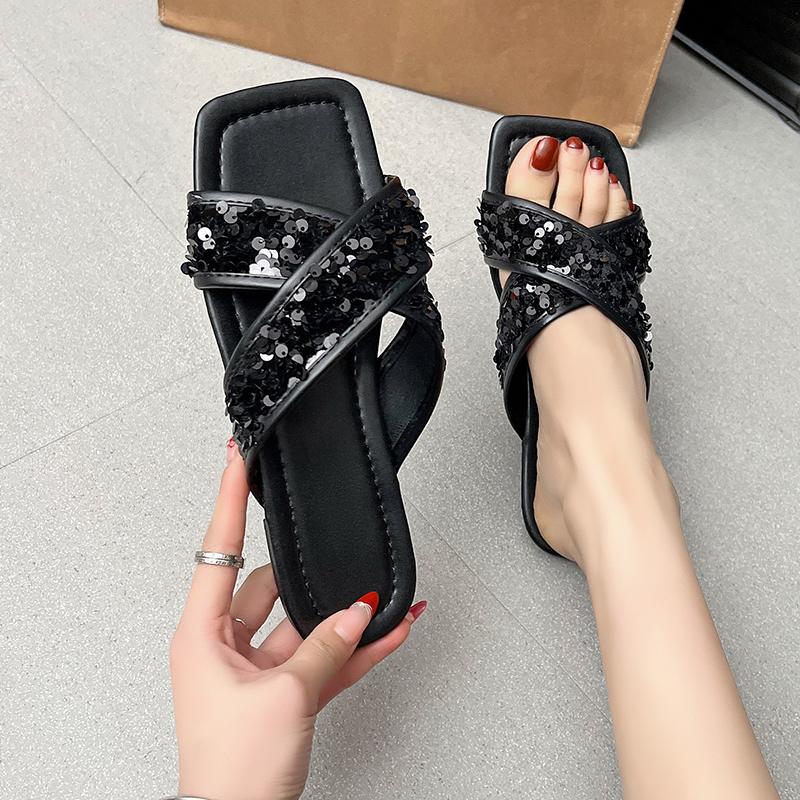 Fashion Summer New Flat Sandals for Women Fashion Square Head Open Toe Sequin Cloth Soft Sole Anti-slip Wear-resistant Slippers