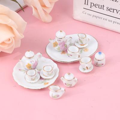 8Pcs 1/12 Miniature Dollhouse Pink Flower Patten Porcelain Coffee Tea Cups Ceram