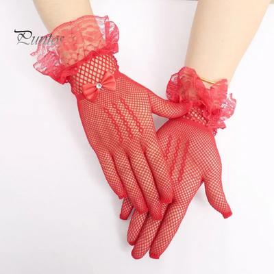 1 Pair Women Prom Gloves See-through Lace Bow Rhinestone Decor Hollow Out Fishnet Ruffle Edge Thin Full Finger Performances Bride Wedding Glove