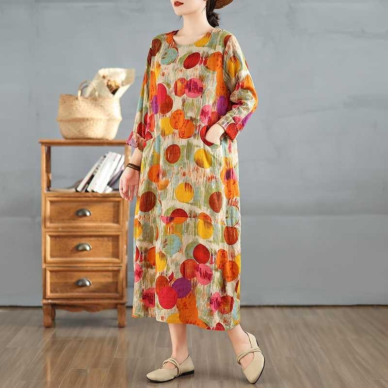 2025 New Vintage Printed Round Neck Loose Large Size Long Dresses