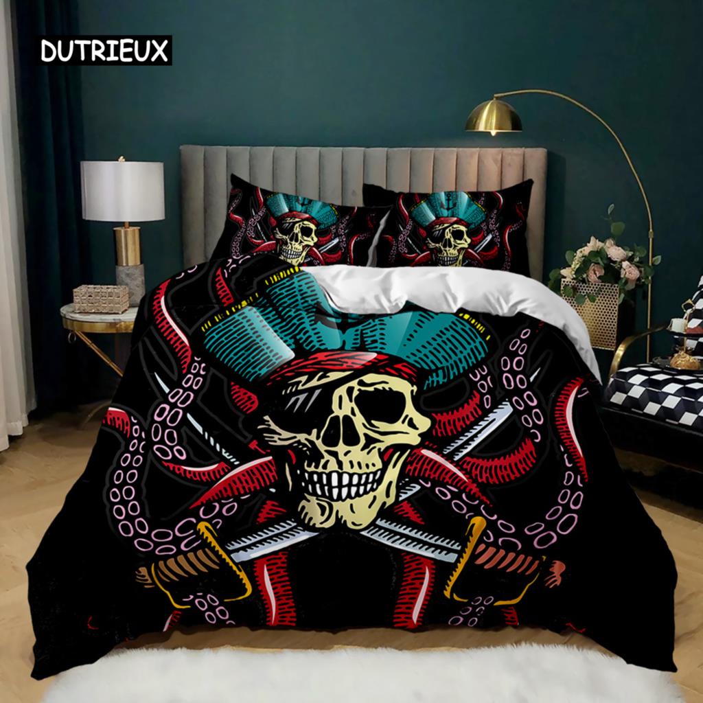 Skull Duvet Cover Red Rose Skeleton Queen Floral Skeleton Traditional Mexican Halloween Double Queen King Polyester Qulit Cover
