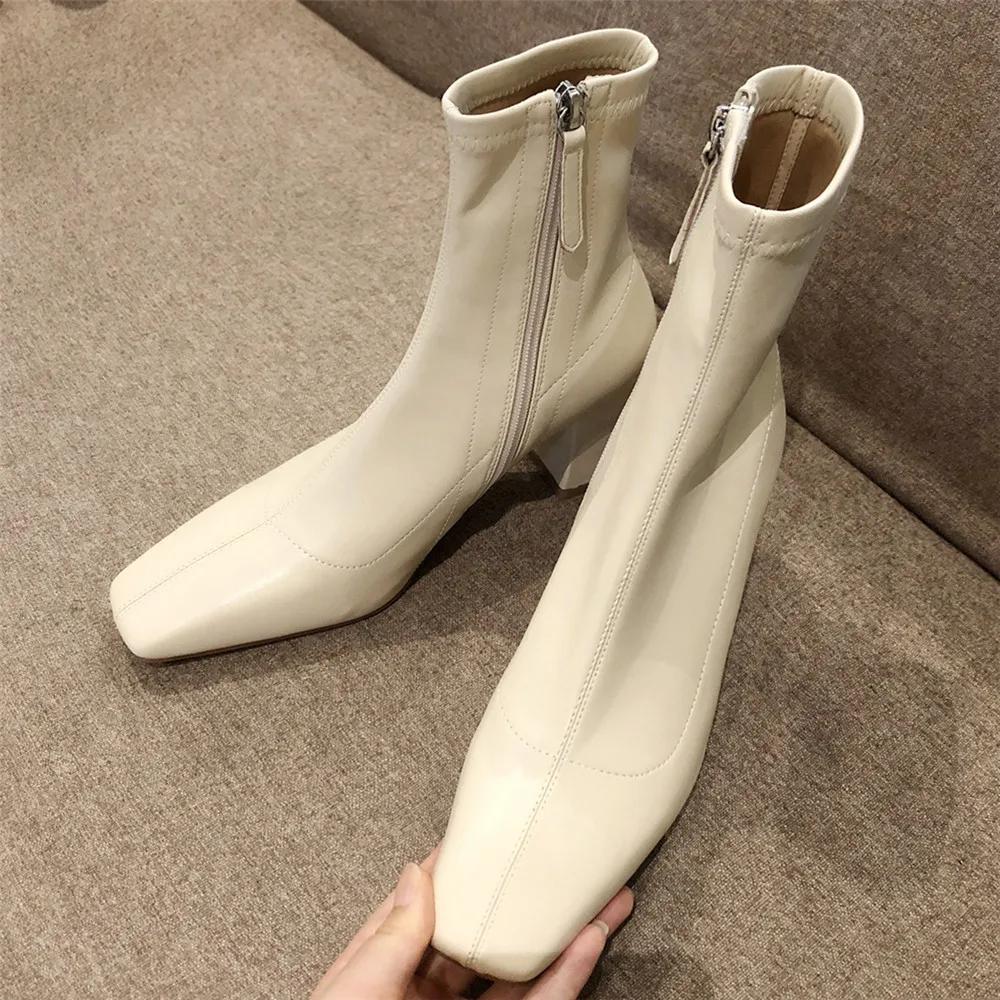 Fashion 2025 Autumn Winter Thick Heel Shoes Fashion Women Ankle Boots Sexy Square Toe Yarn Elastic Socks Boots Zip Boot Size 33-40 Black