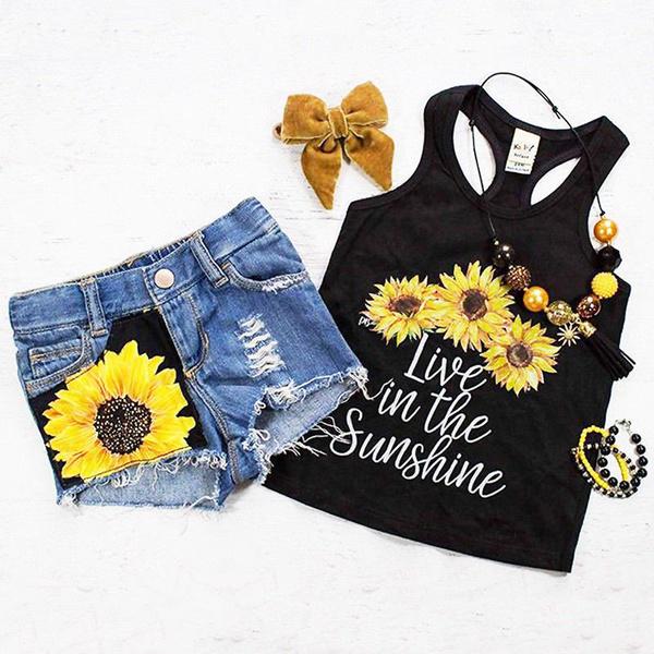 Ripped Hole Denim Shorts Pants Summer Clothes 2Pcs Cute Kids Toddler Girl Outfit Short Sleeve Daisy T-Shirt Tops