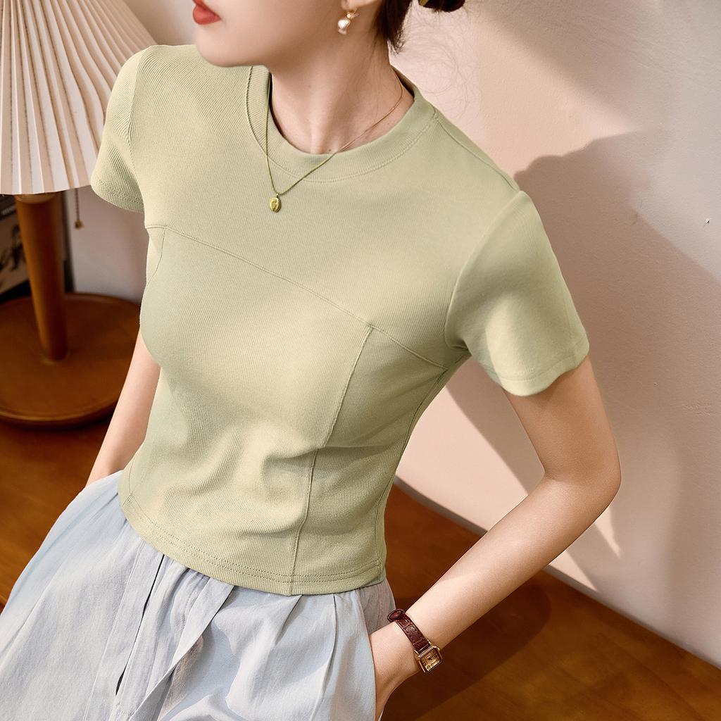 Grade Design and Bright Line Waist-hugging and Slimming Short-sleeved T-shirt for Women's Summer Clothing