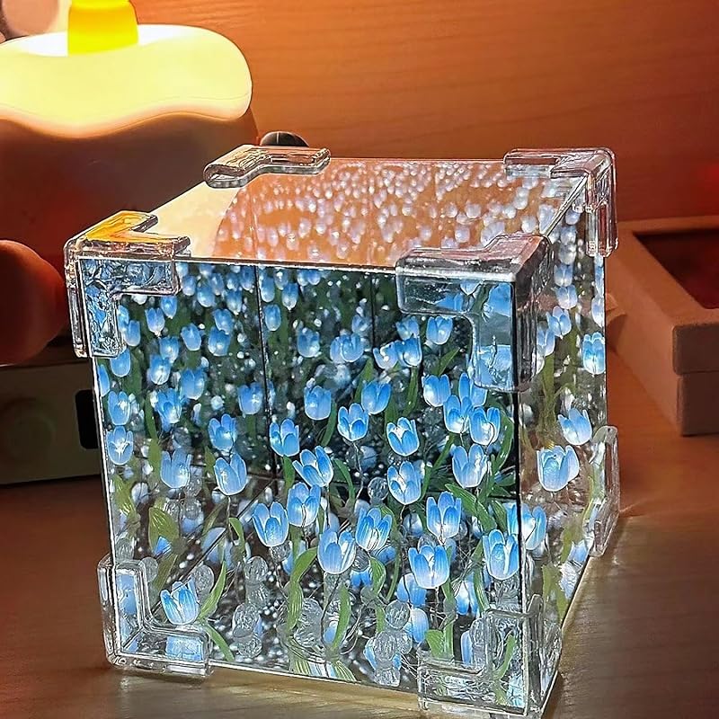 Keeda Finished Cube Tulip Mirror Lamp LED Handmade Simulated Tulip Table Lamp DIY Creative Magic Cube Mirror Night Light Tulip Lamp for Valentines