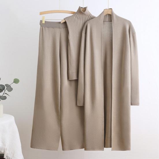 Women's Piece Cardigan Knit Lounge Set 3 Elastic Waist Wide Leg
