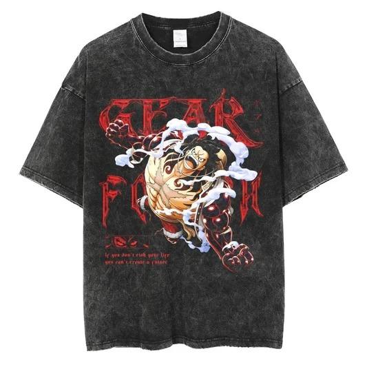 Japan Hot-blooded Anime One Piece Luffy Graphic Print T-Shirt Men Women Vintage Washed Cotton Summer New Tee Streetwear Y2K Fashion Oversized Top