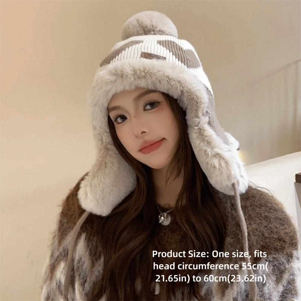 Polyester Trapper Hat Pom Pom Thick Warm Lining Winter Hat Heart Pattern Ear Flap Hat For Women