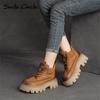Natural Leather Chunky Women's Ankle Boots High Top Thick Bottom Boots Lace Up Casual Women's Motorcycle Boots