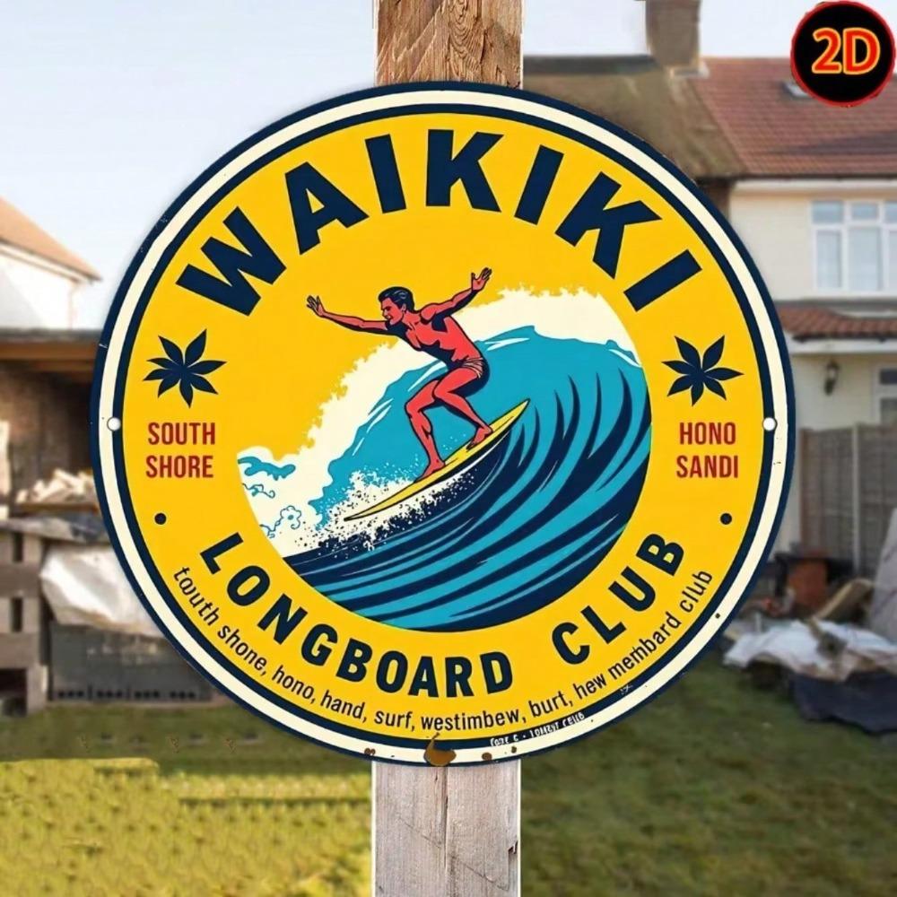 Vintage Waikiki Longboard Club Metal Sign Round Surf Wall Art Iron Beach Home Decor