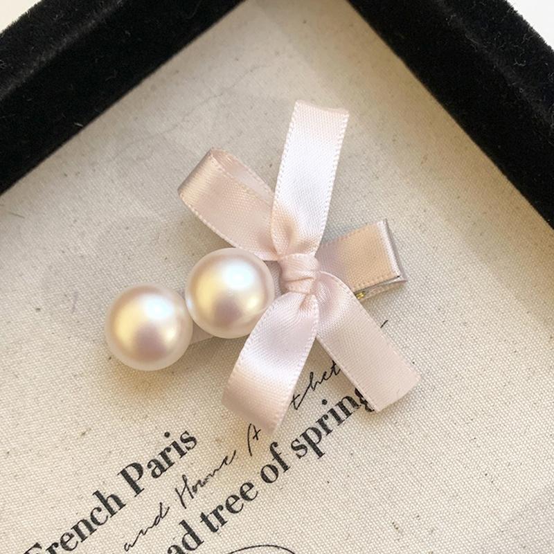 2Pcs Korean Style Exquisite Pink Bow Pearl Hairpins  Temperament Duckbill Clip Bangs Clip For Women Girl Elegant Headwear