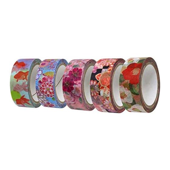 Kamiiso Japanese Washi Masking Tape Kimono Beauty 5 Volumes (Bell, Double Cherry Blossom, Ichimatsu Tachibana, Goldfish, Camellia) Set Width 15mm x