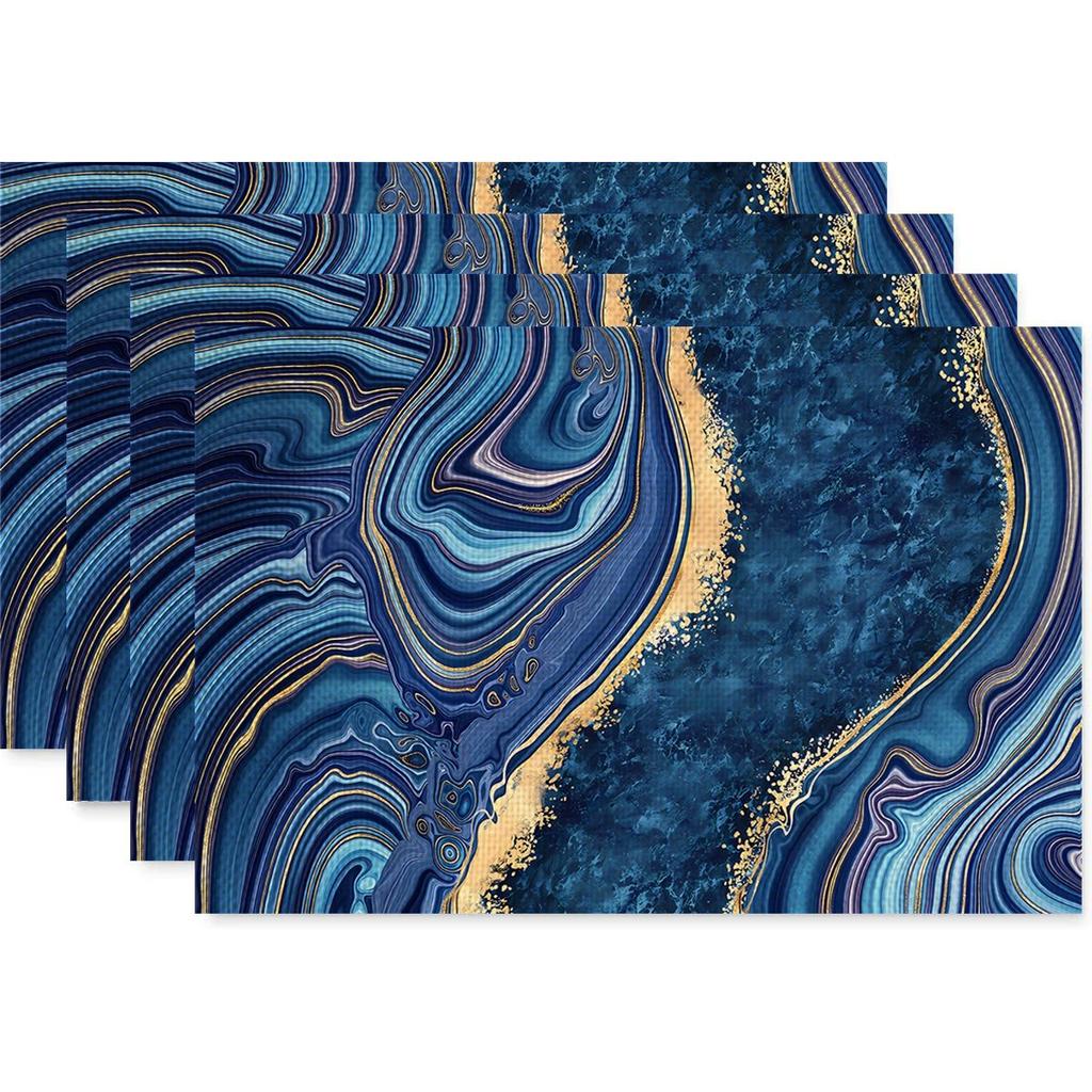 Anti Fouling and Heat-insulating Table Mat 4PC Placemat Watercolor Marble Printed Fabric Linen Placemat  Western Style Placemat