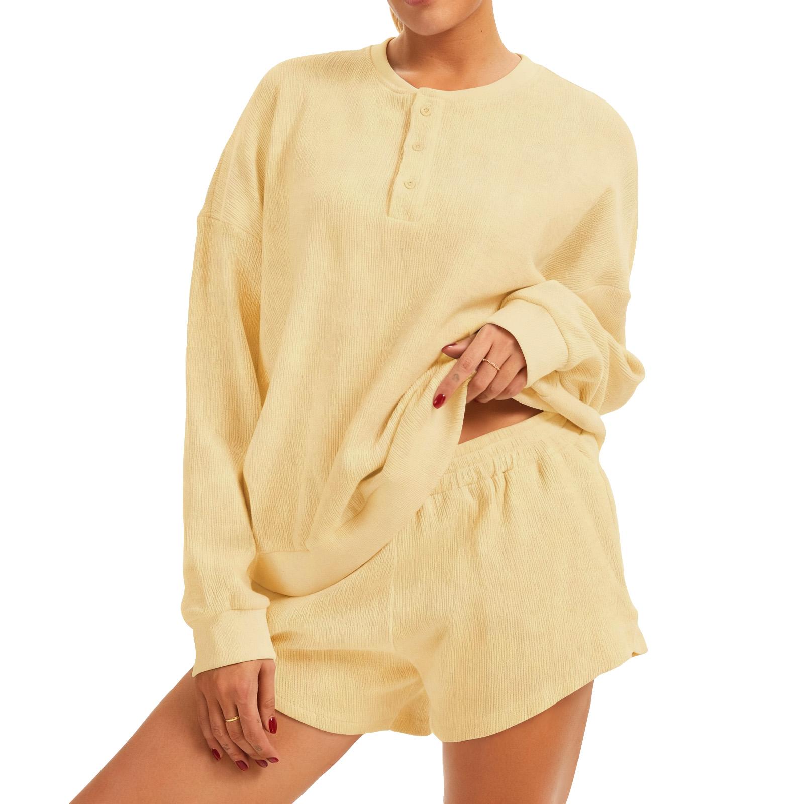 

Women s Oversized Knit Set Long Sleeve Sweatshirt And High Waisted Shorts 2 Piece Casual Outfit XL жовтий