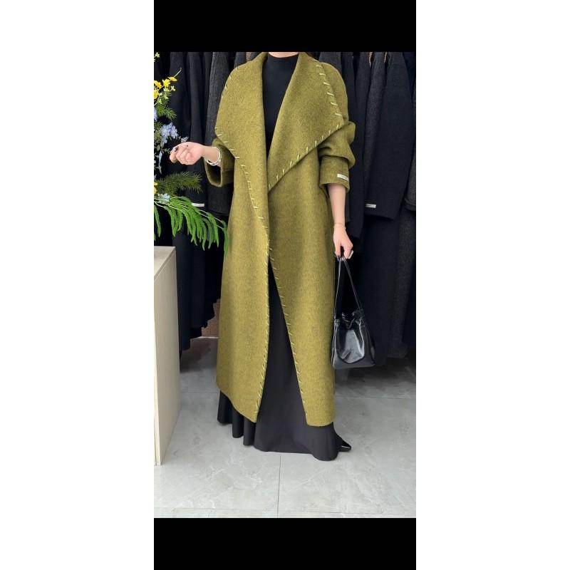 Womens Double-Faced Wool Coat Mid-Length Hand-Stitched Leather Trim Oversized Lapel Chic Korean Style Outerwear