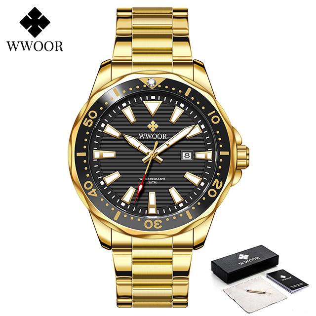 WWOOR Luxury Stainless Steel Men's Watches Sport Diving Quartz Clock Luminous Waterproof Military Wristwatch Relogio Masculino