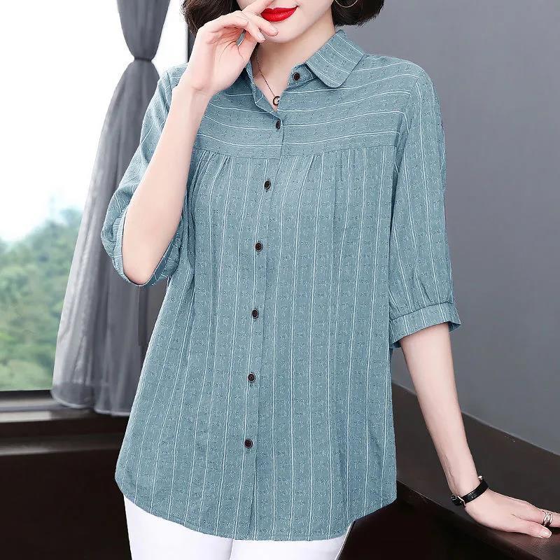 Women Casual Fashion Elegant Striped Printed Button Shirt Summer  Loose  Half Sleeve Tops