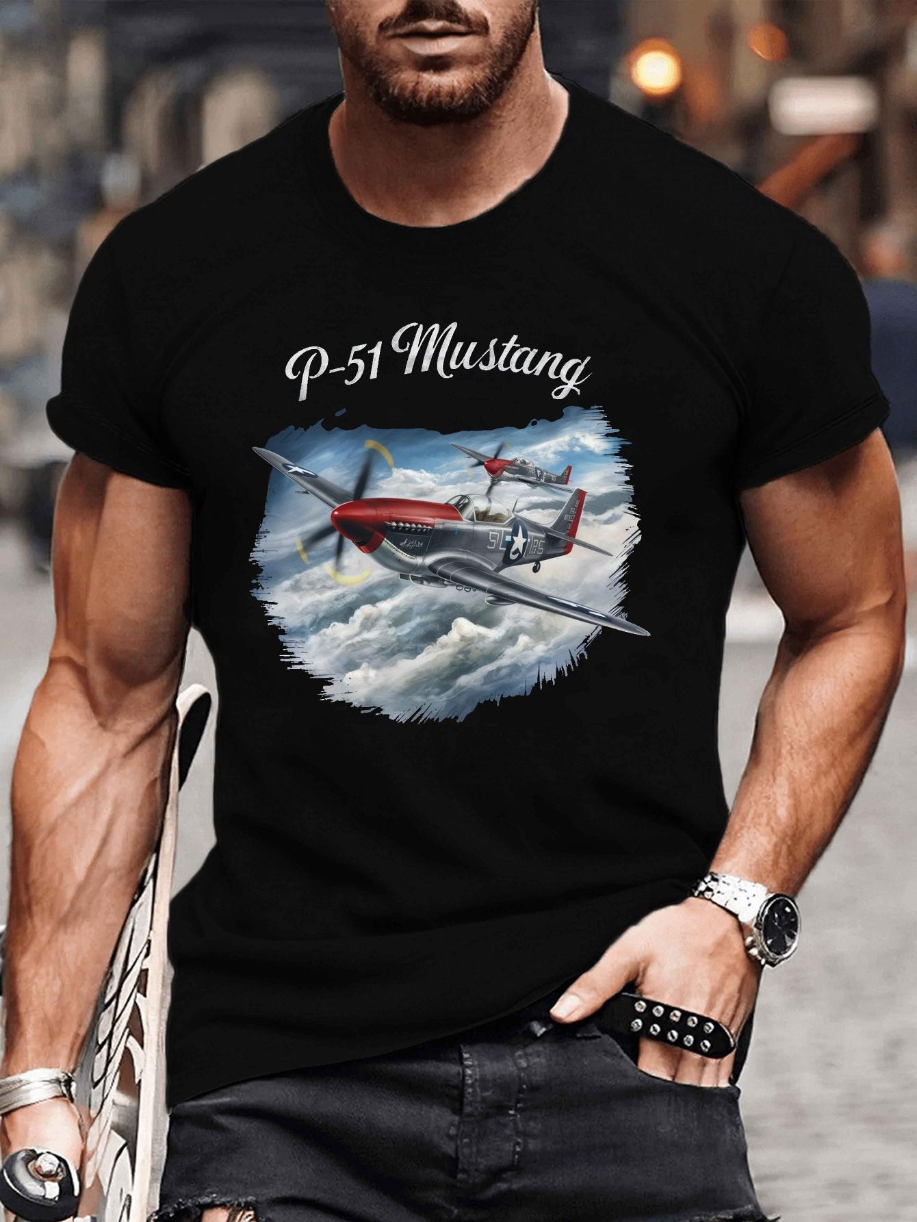 P51 Mustang Fighter Aircraft Illustration Print TShirt 100 Cotton ONeck Short Sleeve Summer Casual Mens Tshirt Streetwear S