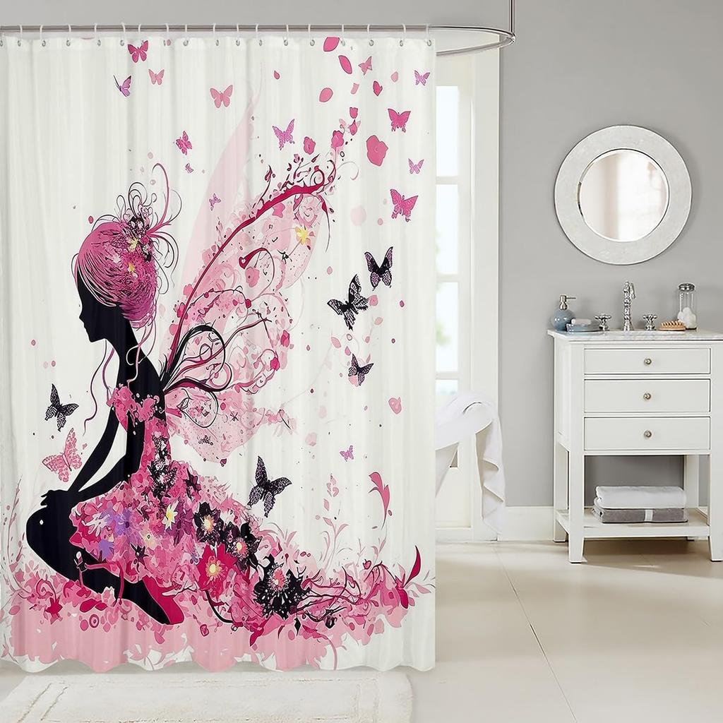 Pink Fairy Shower Curtain Magical Butterfly Art Romantic Bathroom Decor Linen180X230