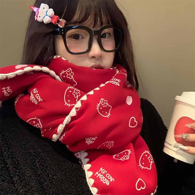 Korean version of cute kt cat love red scarf women's autumn and winter new versatile warm neck scarf tide