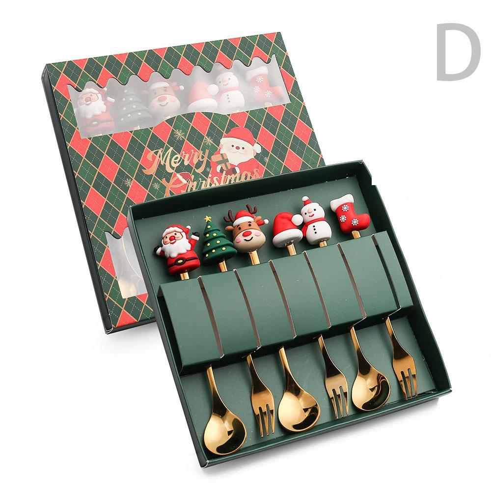 6Pcs Christmas Fork and Spoon Set Stainless Steel Creative Tableware Coffee Tea Dessert Forks and Spoons Gift Set