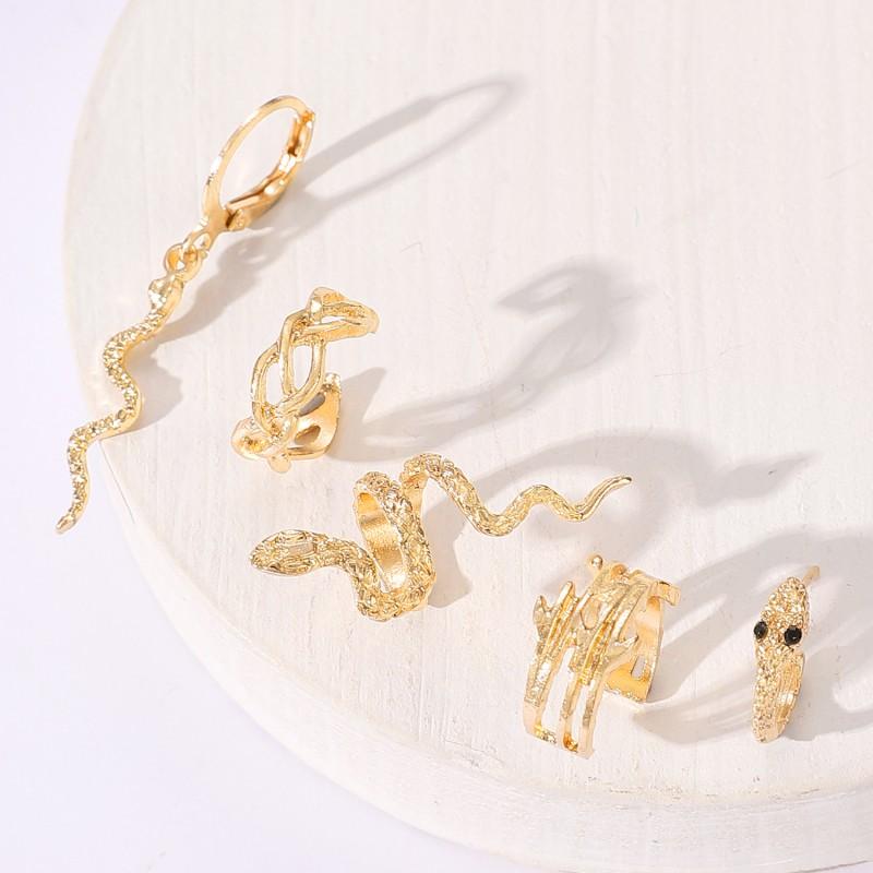 Minimalist Snake Leaf Design 5-Piece Ear Cuff Set Women Non-Piercing Alloy Earring Clip Studs