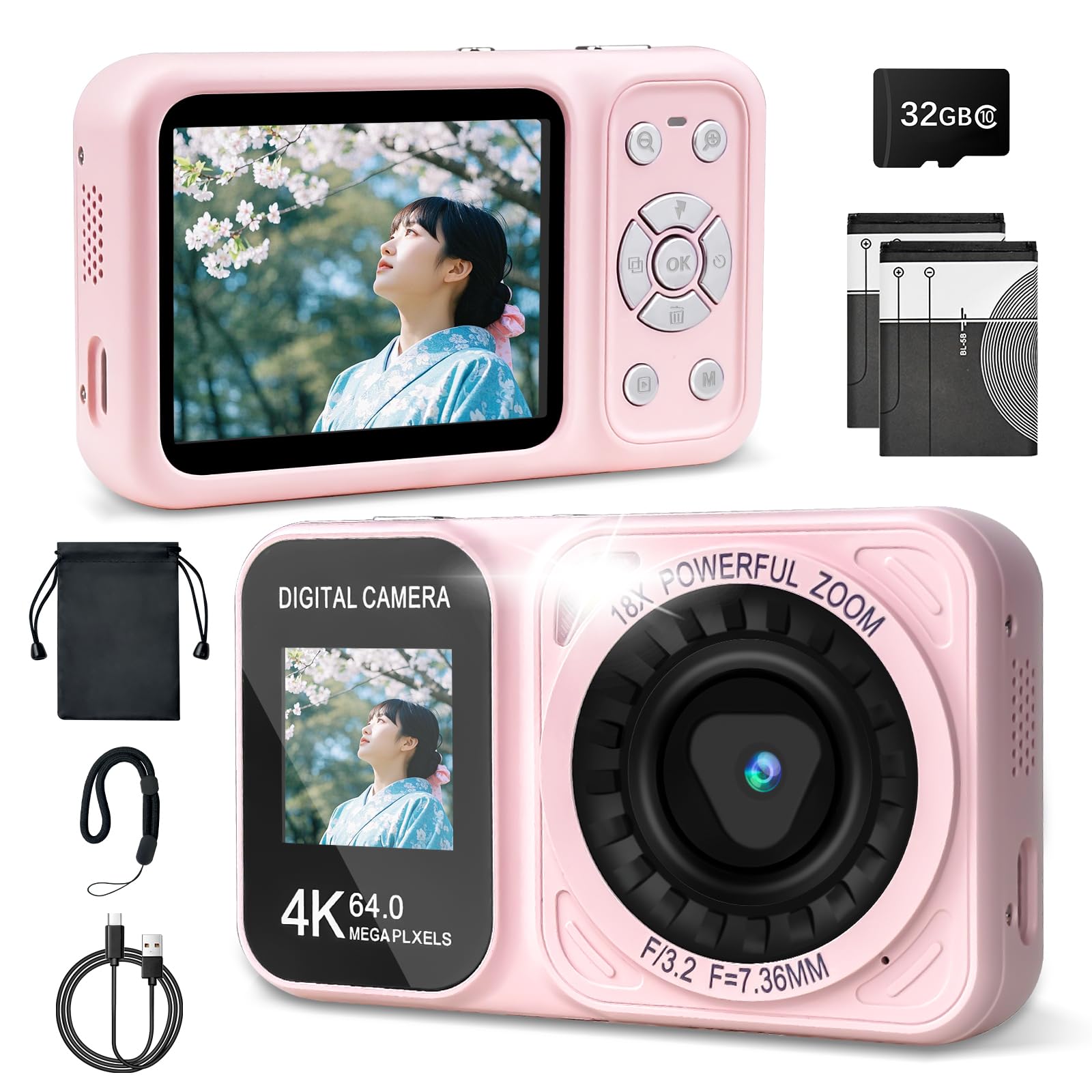 

Компактна цифрова камера 4K 30FPS 64MP з двома екранами IPS, 32 ГБ карта в комплекті, 18-кратний цифровий зум, стабілізація зображення, зарядка Type-C, 2 слоти для карт, японська