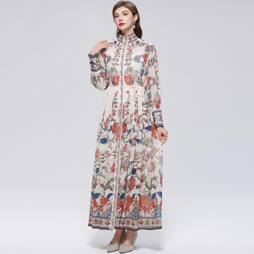 Robe de plage florale magnifique pour les vacances Printemps Été 2026 pour femmes Manches lanterne à col montant Boutonnage simple Ceintures Robe ample en mousseline