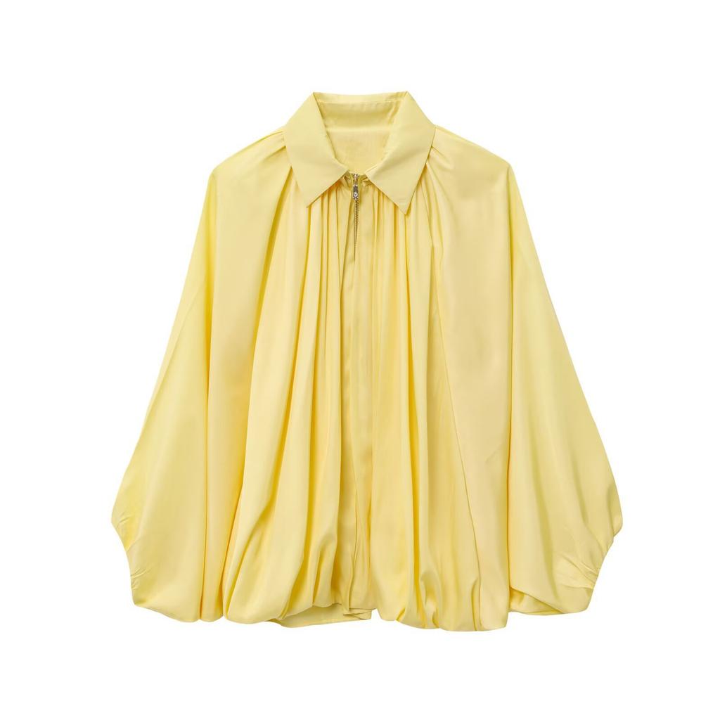 Women's Jacket Oversized Streetwear Casual Sleeve Lapel Collar Zip Front Pleated Shirts