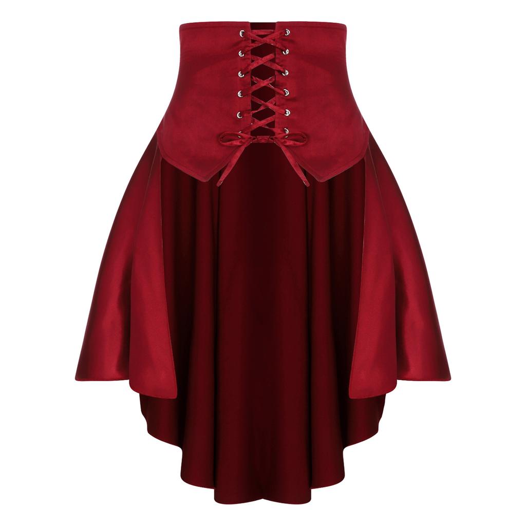 S-3XL Womens Gothic Steanpunk Satiny Skirt Front Eyelets Lace-up High-low Hem Tiered Ruffled Irregular Hem Skirt Waist Belt